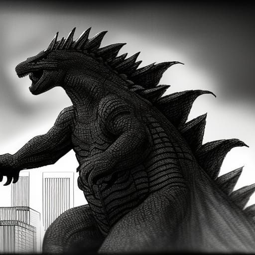 Godzilla in Tokyo: Detailed Black and White Sketch