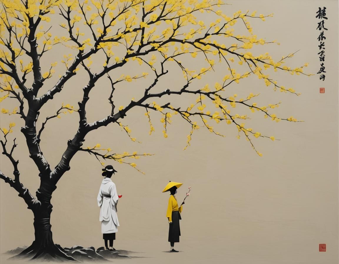 minimalist 3D Nihonga painting, monochrome yellow, with a wo...