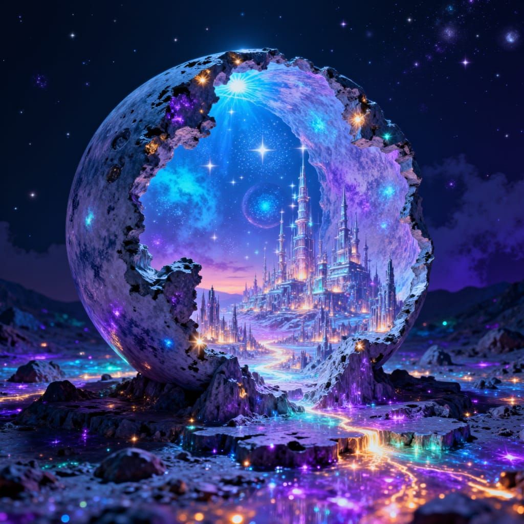 Futuristic City built inside a crumbling moon