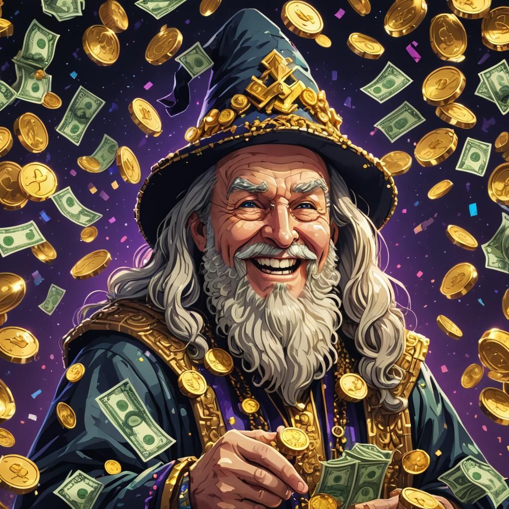 Wizard Laughing in Treasure: 8-Bit Retro Arcade Style