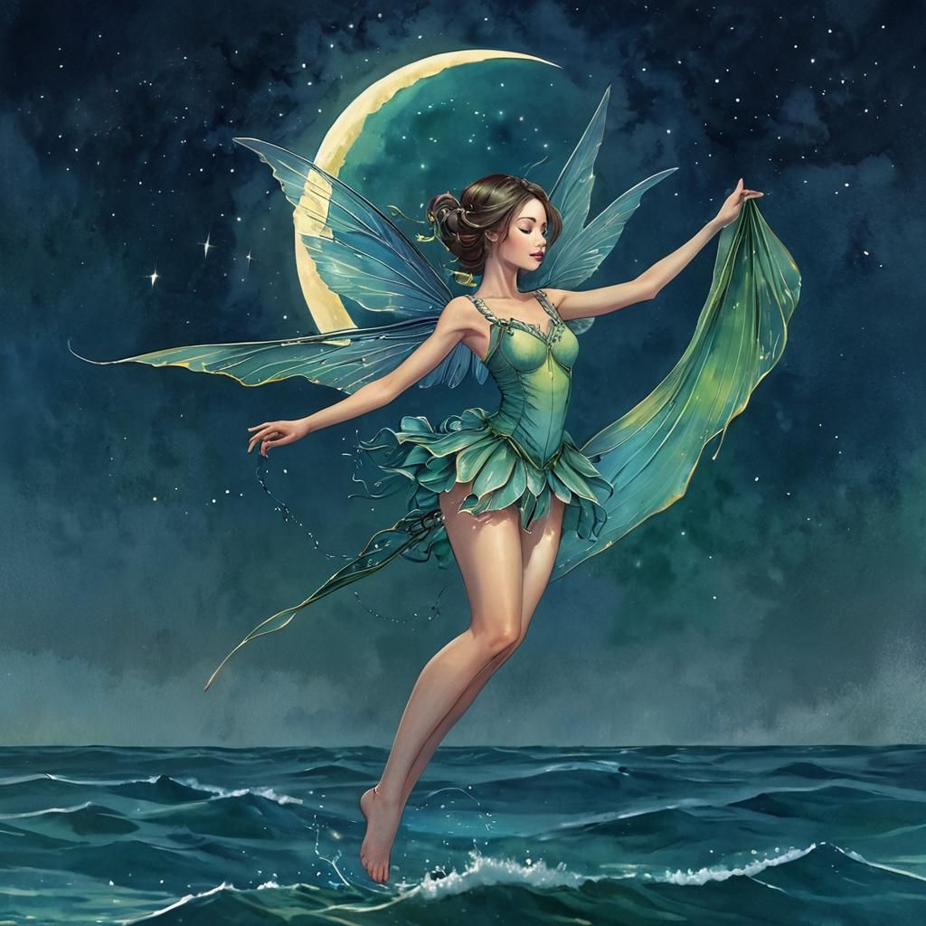 Water Skimmer Fairy Under Crescent Moon