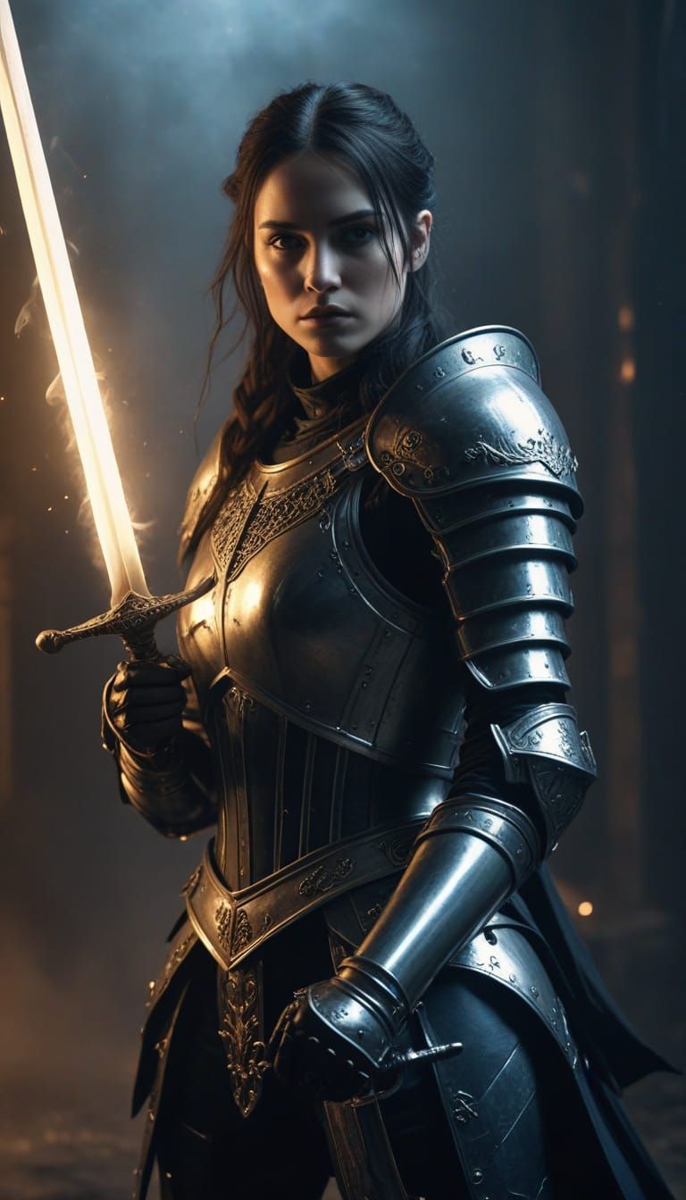 Dominant Female Knight with Glowing Swords