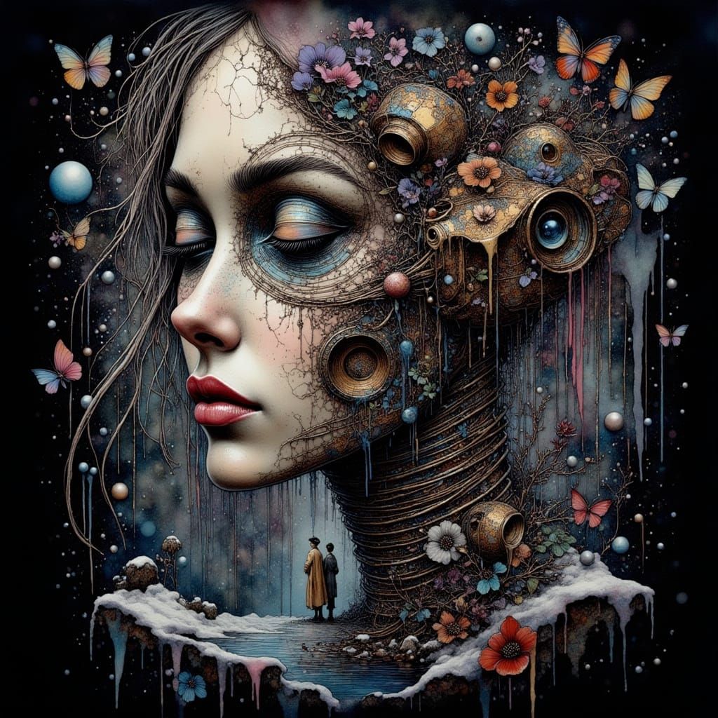 Mechanical Human Face in Winter Landscape on Black