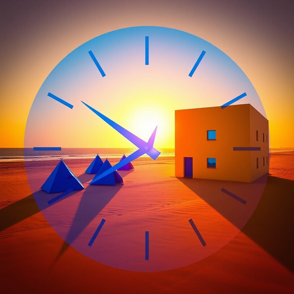 Surreal Beach Building with Clock Overlay