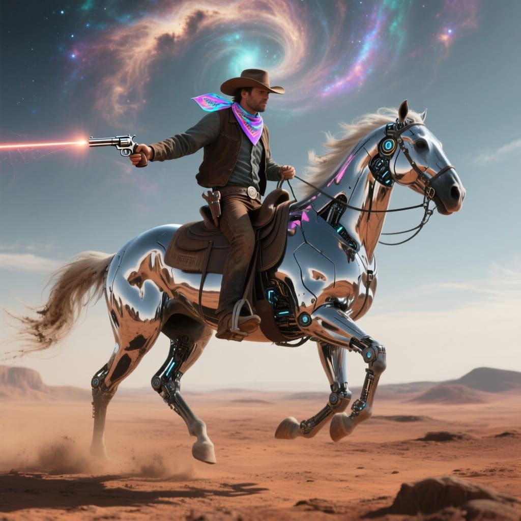 Lone Cowboy Rides Cybernetic Horse on Mars