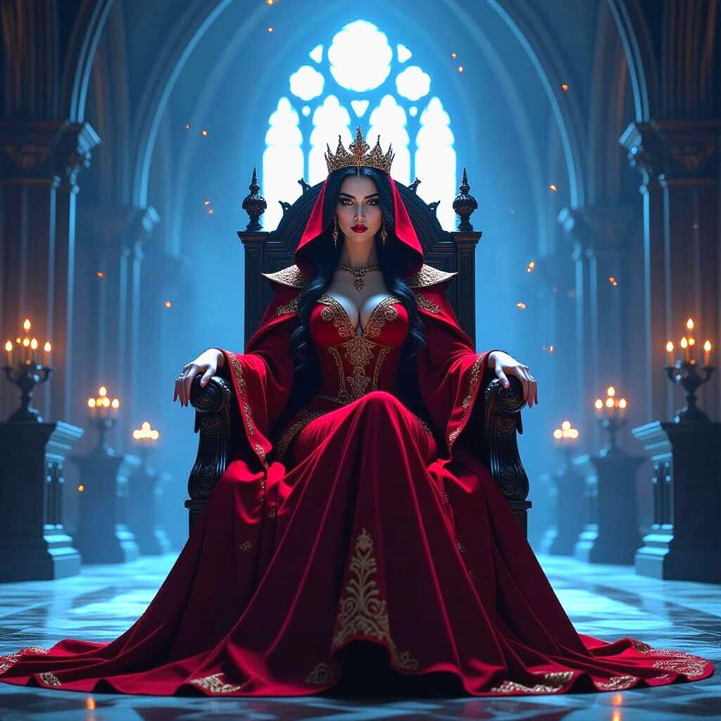 Regal Vampire Queen on Obsidian Throne, Hyperrealistic Style