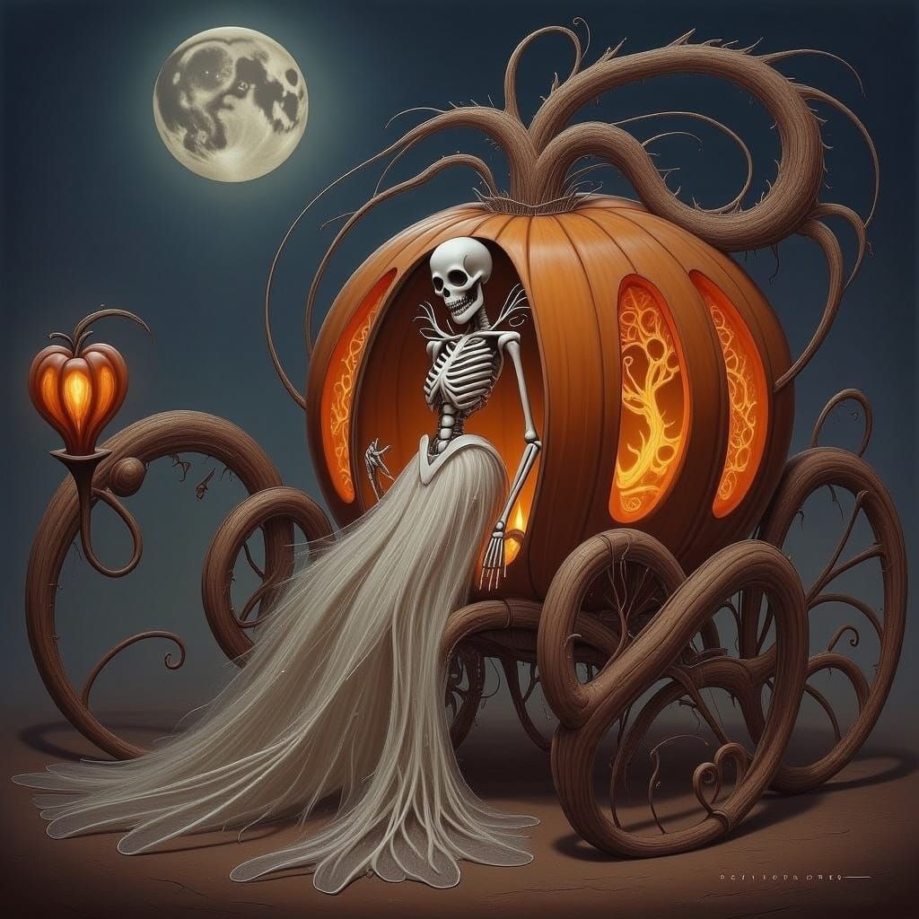 Skeleton Cinderella Steps into Pumpkin Carriage