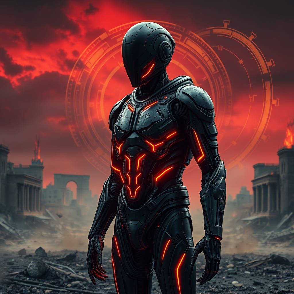 Cybernetic Warrior in Apocalyptic Ruins