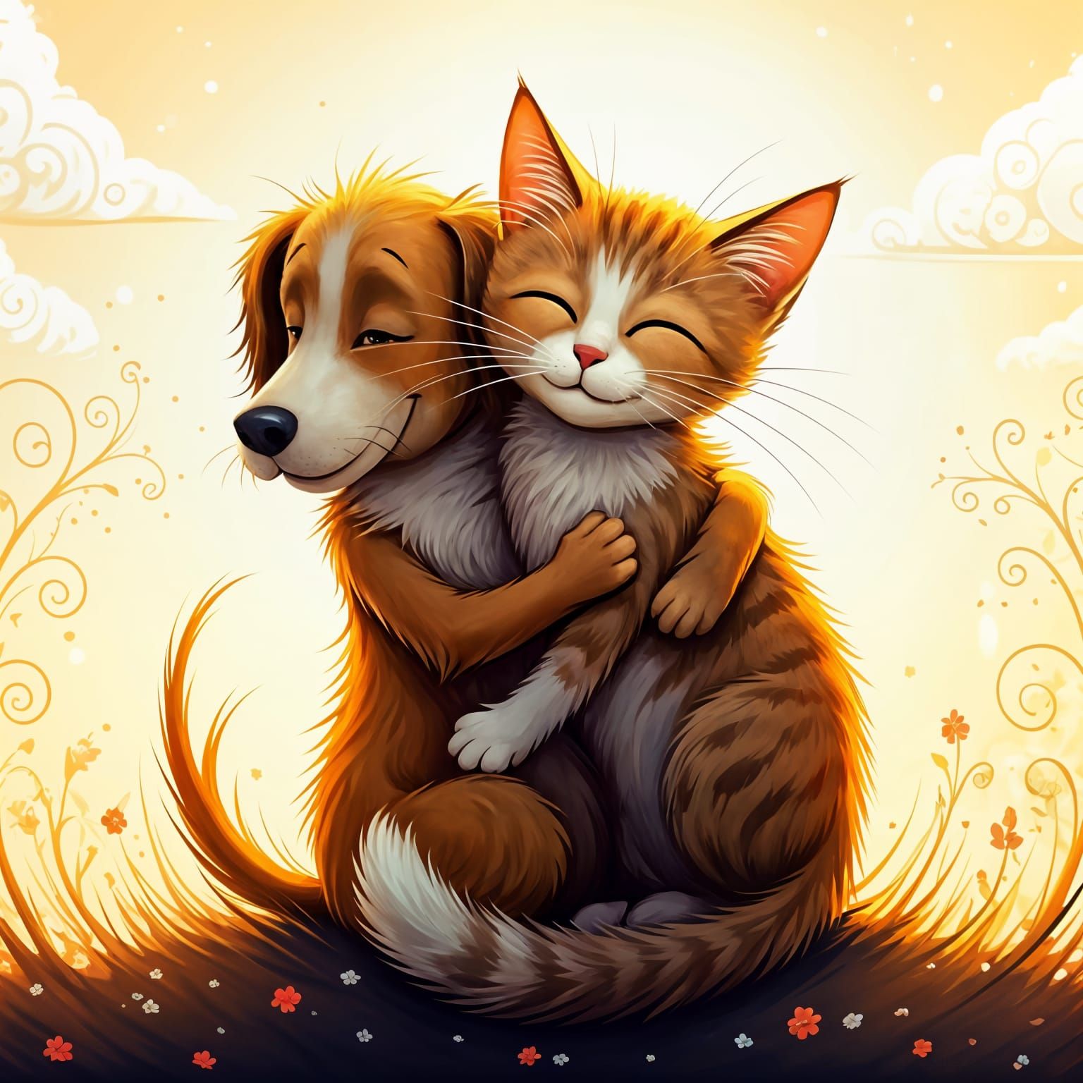 Whimsical Cat and Dog in Love as Dr. Seuss Would Draw