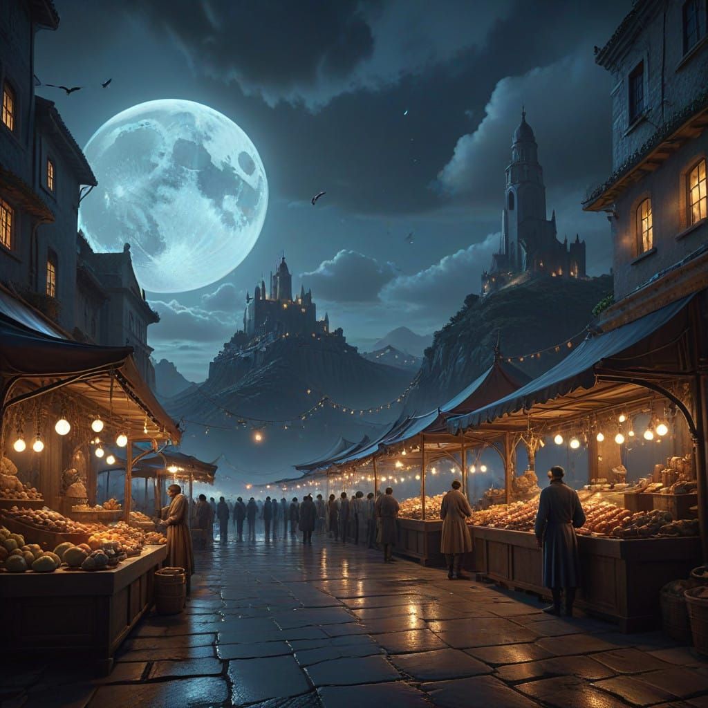 Surreal Market Scene at Dusk in a Vibrant, Cinematic Style