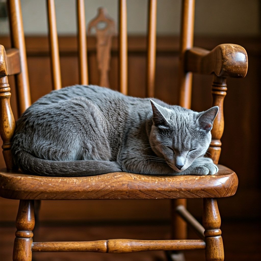 Russian Blue Cat Napping on Vintage Rocking Chair