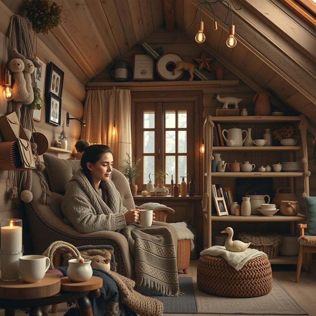 Cozy Cabin Interior with Person and Warm Cup