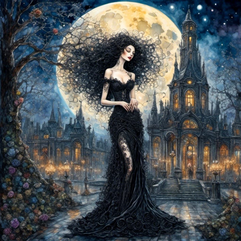 Gothic Lady in Black Lace Under Moonlight