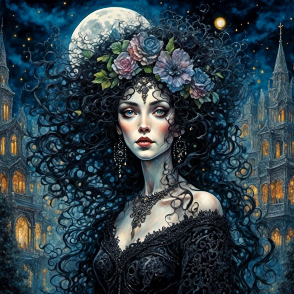 Gothic Lady in Black Lace Under Moonlight