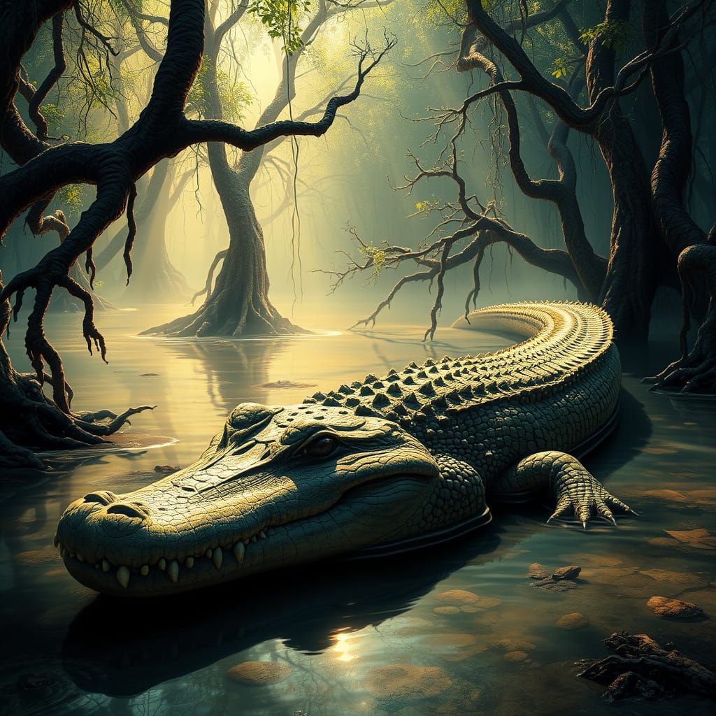 Majestic Saltwater Crocodile in Tropical Mangrove Swamp