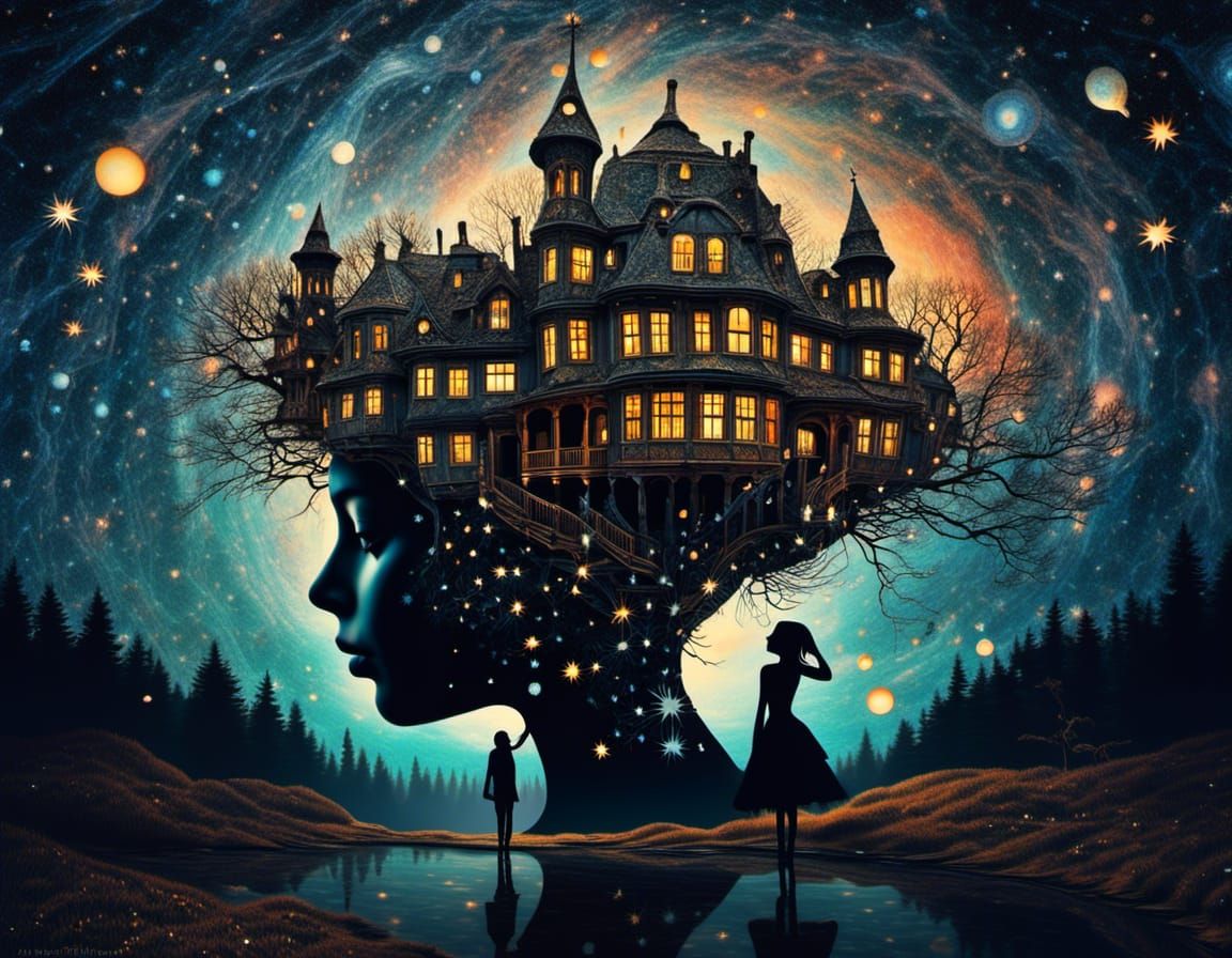 Starry Night Lights Guide Home in Surreal Collage