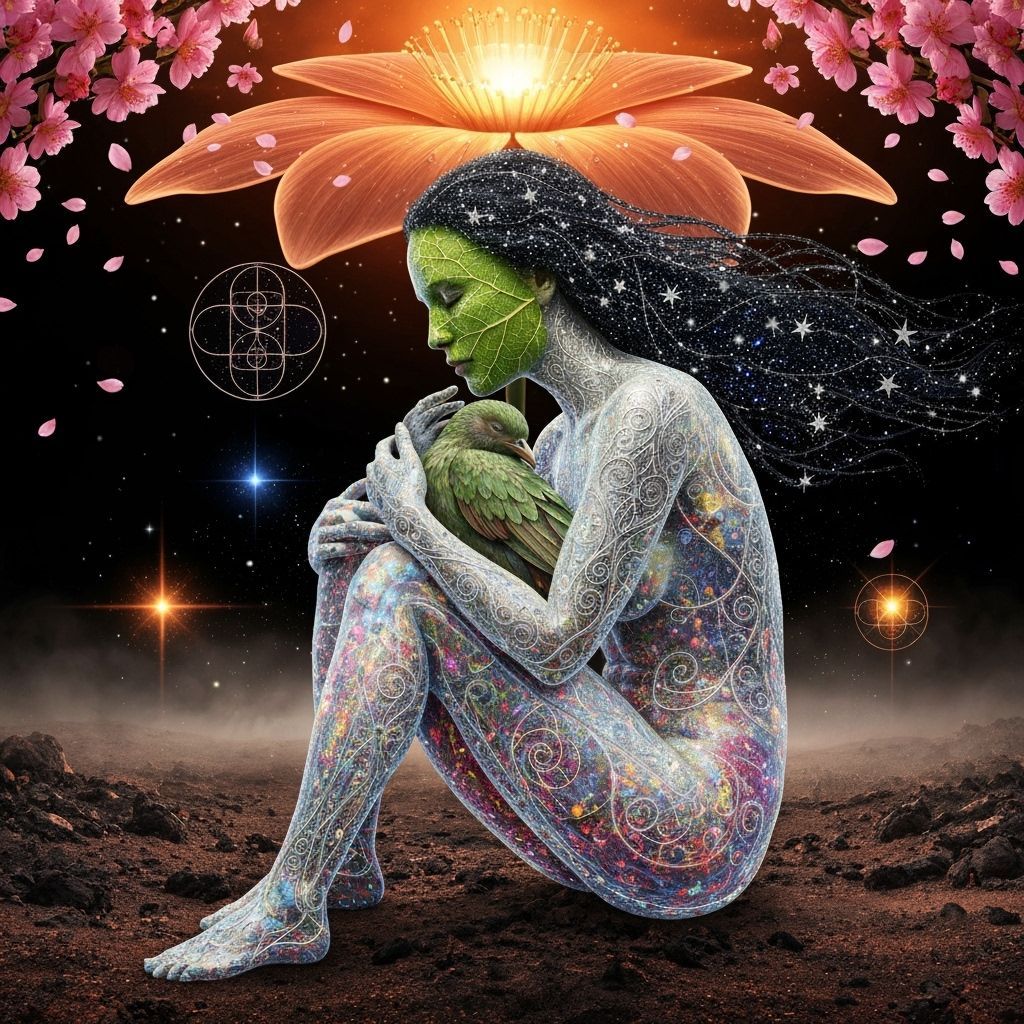 Ethereal Alchemical Woman Under Bioluminescent Flower