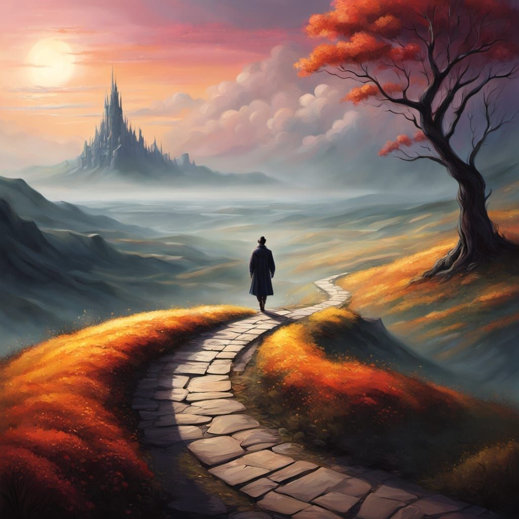 Surreal Landscape with Lone Figure in Dreamlike Setting