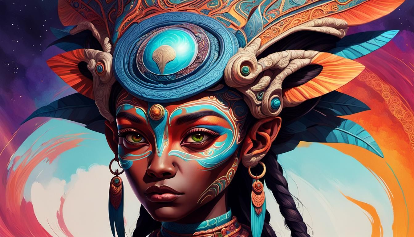 Hyperrealistic Alien Tribe Portrait with Ornate Headpiece