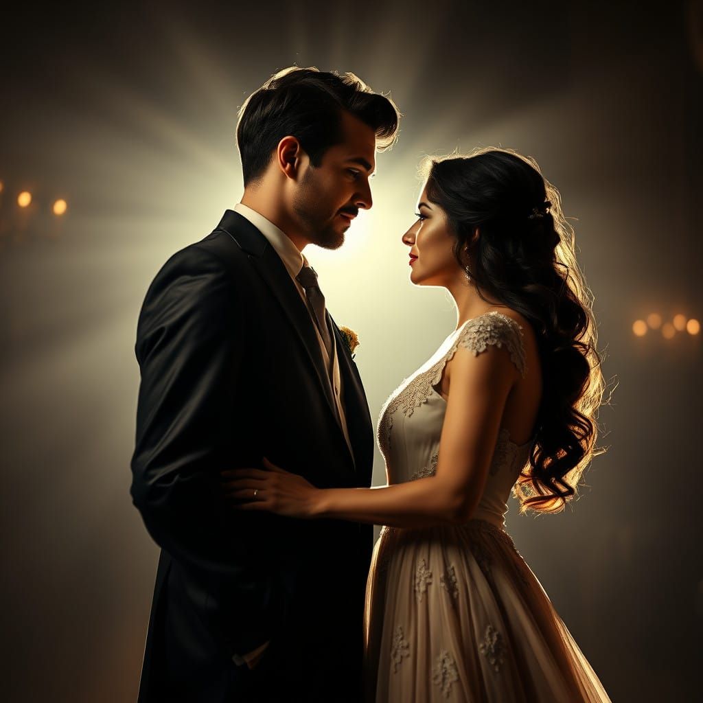 Regal Couple Embracing in Elegant Atmosphere