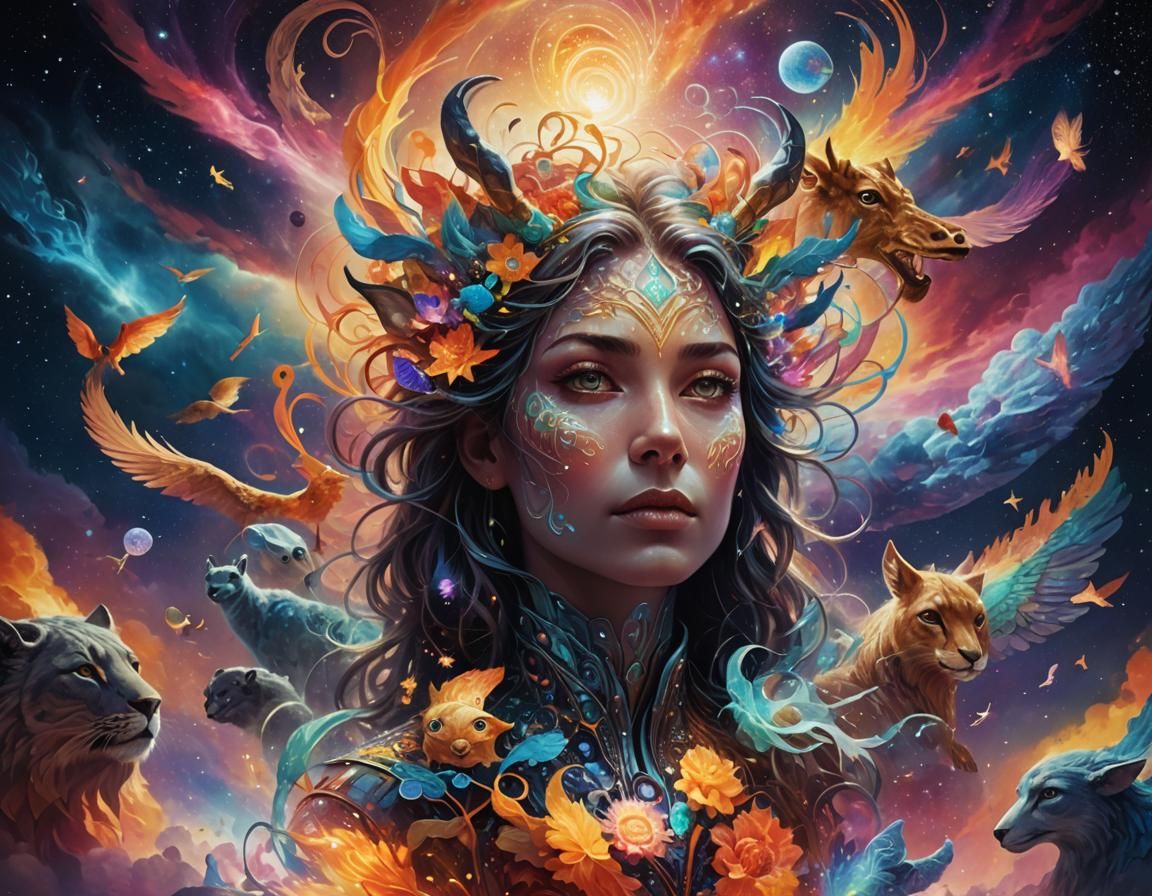 Ethereal Cosmic Portrait in Vibrant, Triadic Colors