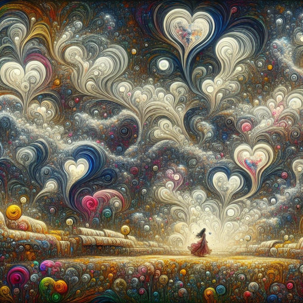 Whimsical Landscape with Hearts and Vortex