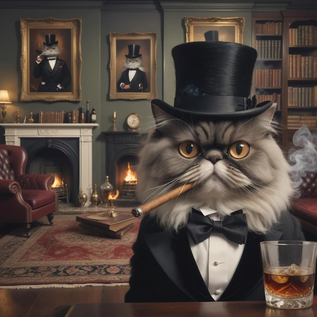 Humorous Persian Cat Gentleman in Victorian Lounge