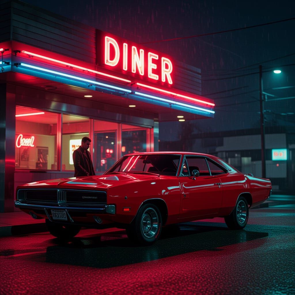Cherry Red 1969 Dodge Charger at Neon Diner