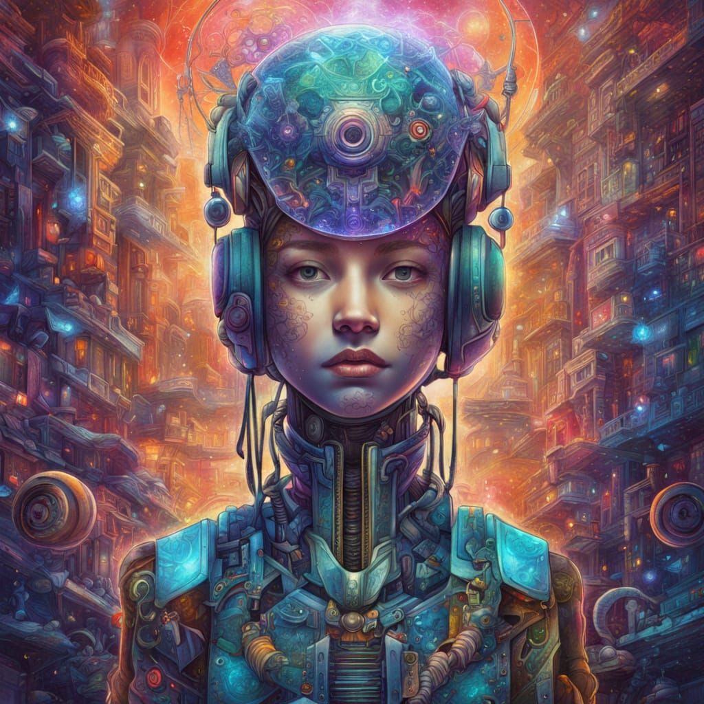 Girl-Robot in Astral Cosmic Landscape