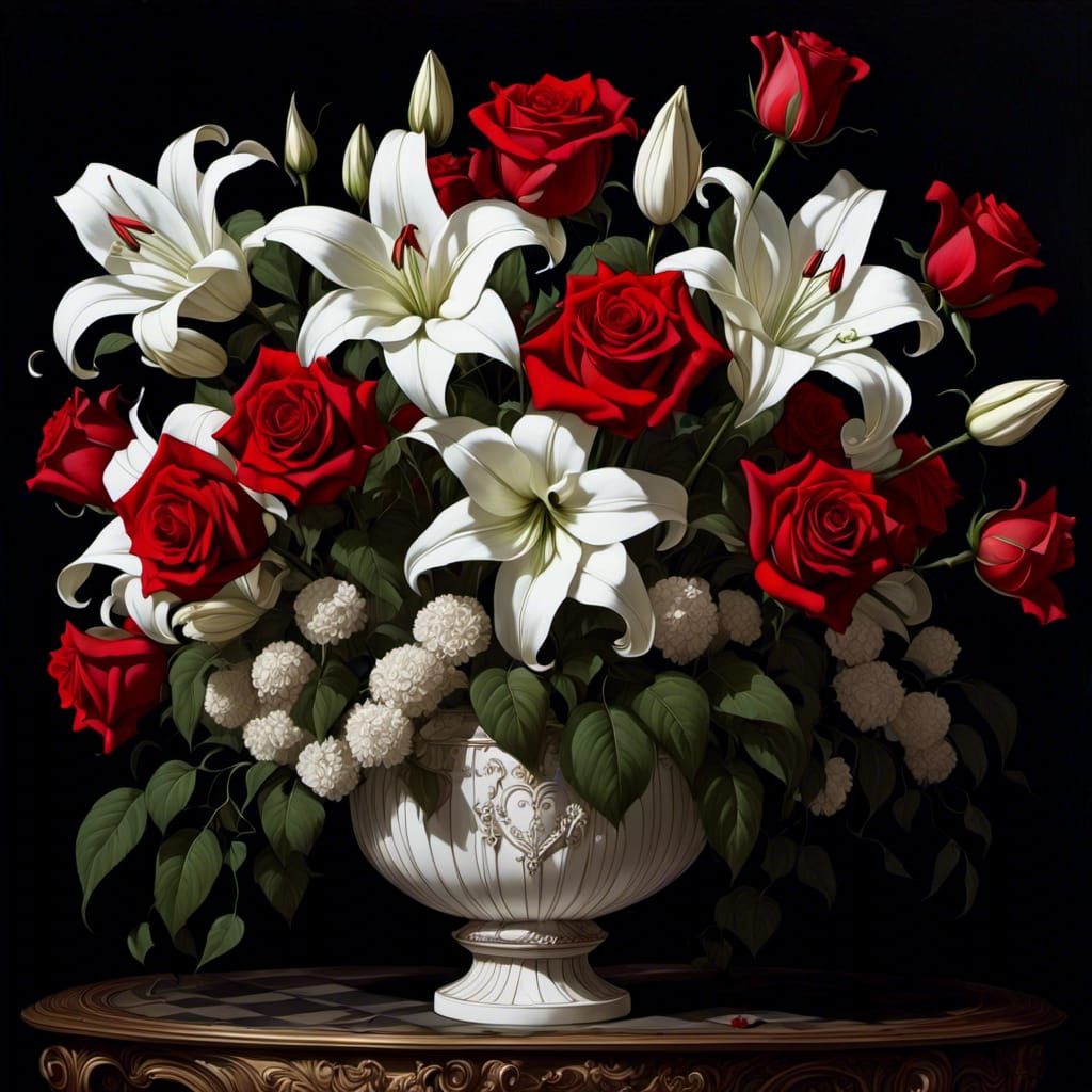 Vase of Lilies and Roses in Decorative Style