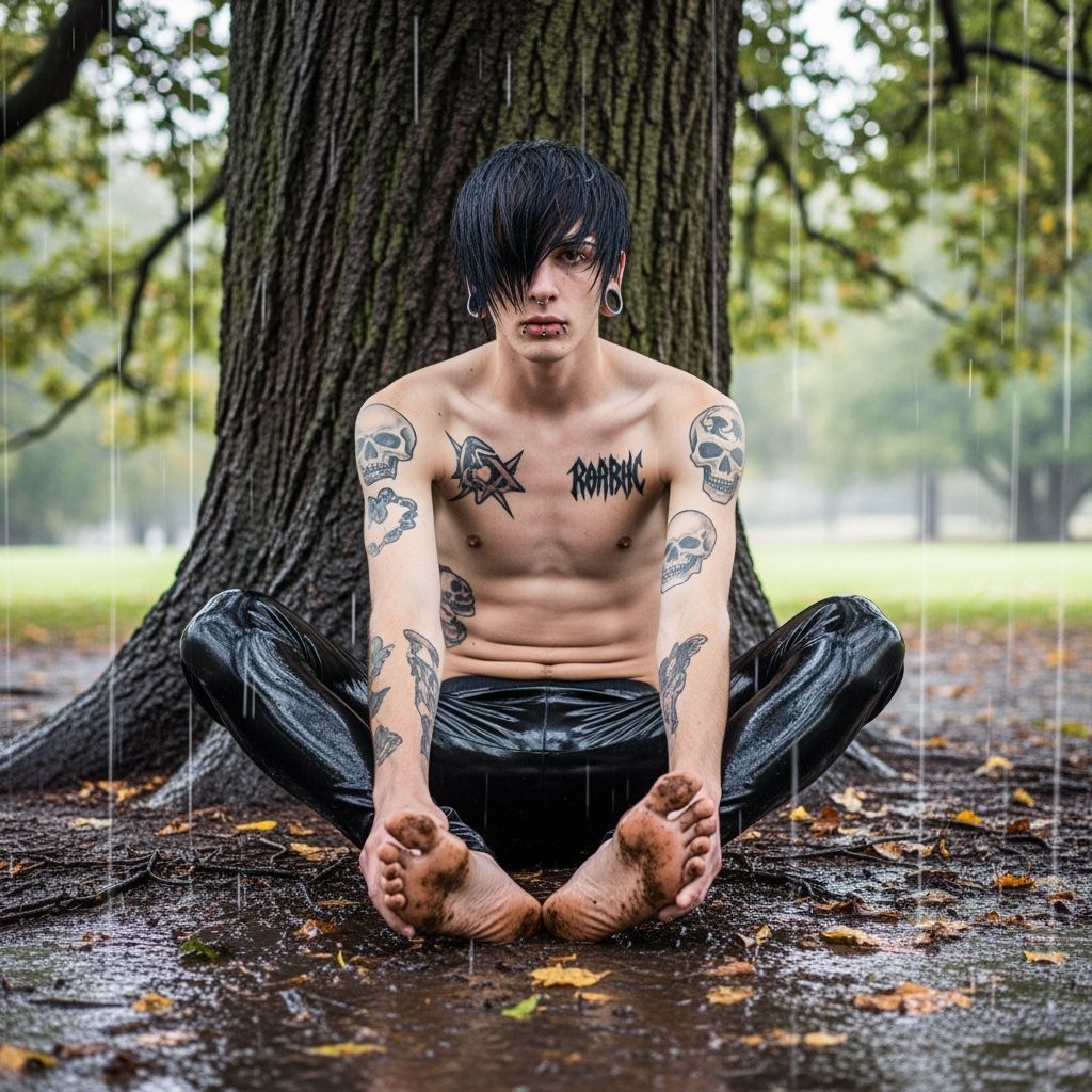 Emo Guy in Rubber Pants Sits Under Rainy Tree