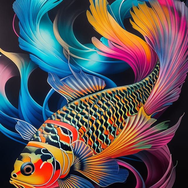 Multicolored Koi Fish Portrait in Cyberpunk Style