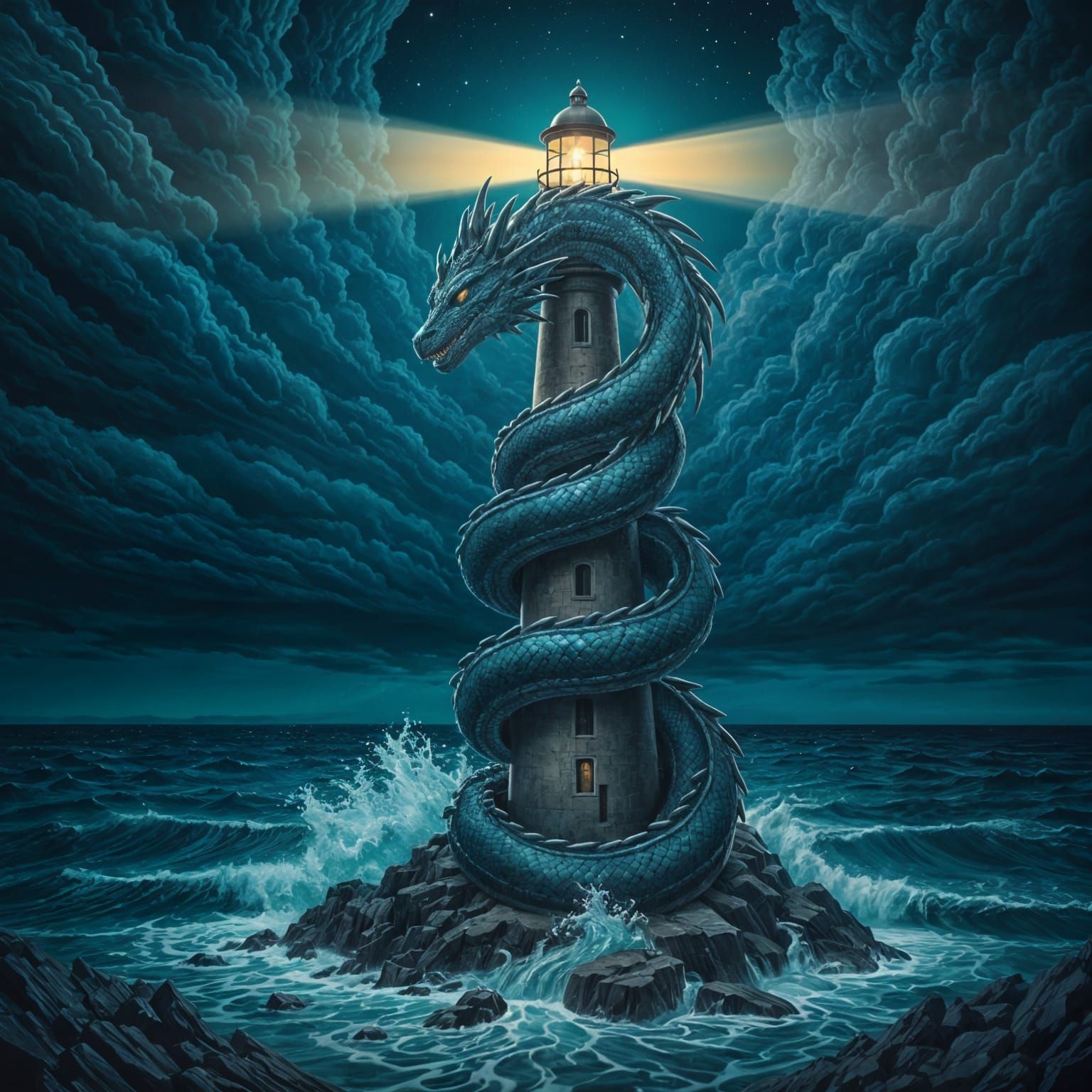 Dragon Guardian of the Lighthouse in a Storm