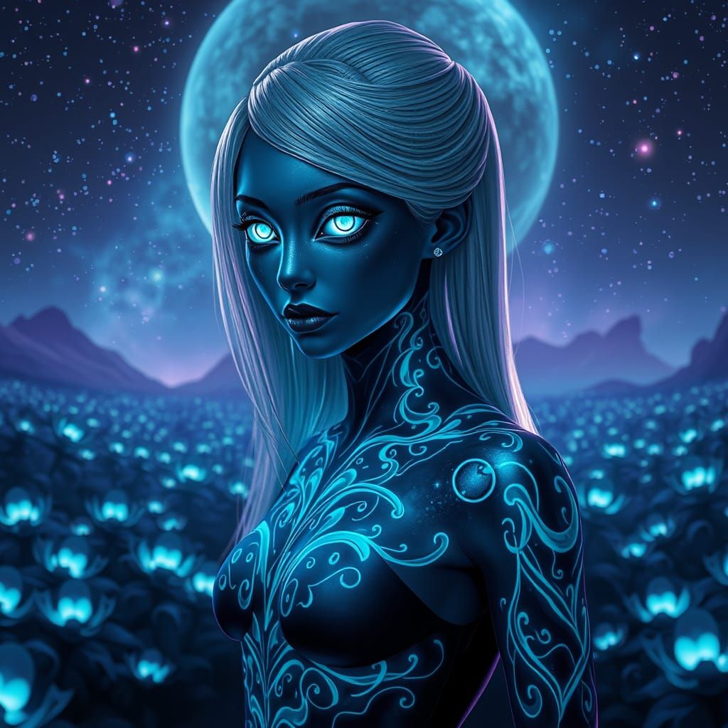 Enchanting Alien Goddess with Luminous Tattoos in Futuristic...