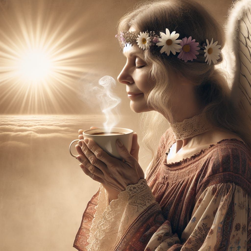Peaceful Hippie Angel Savoring Morning Coffee