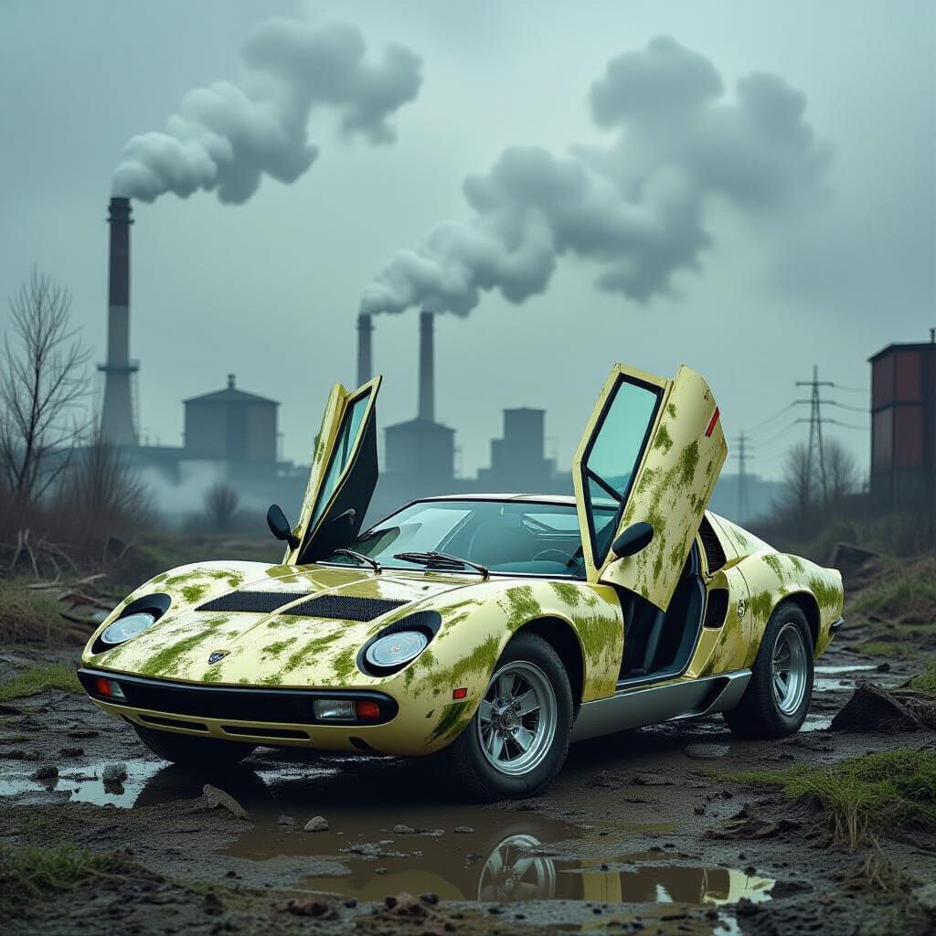 Moss-Covered Lamborghini Miura in Ruined Landscape