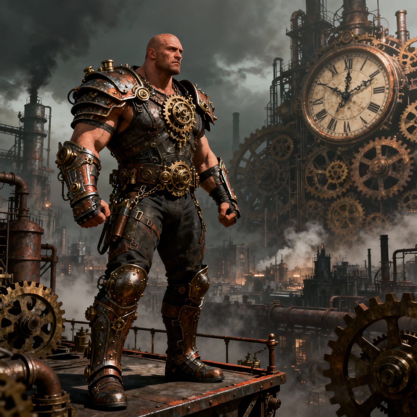 Steampunk Wrestler Overlooks Industrial Metropolis
