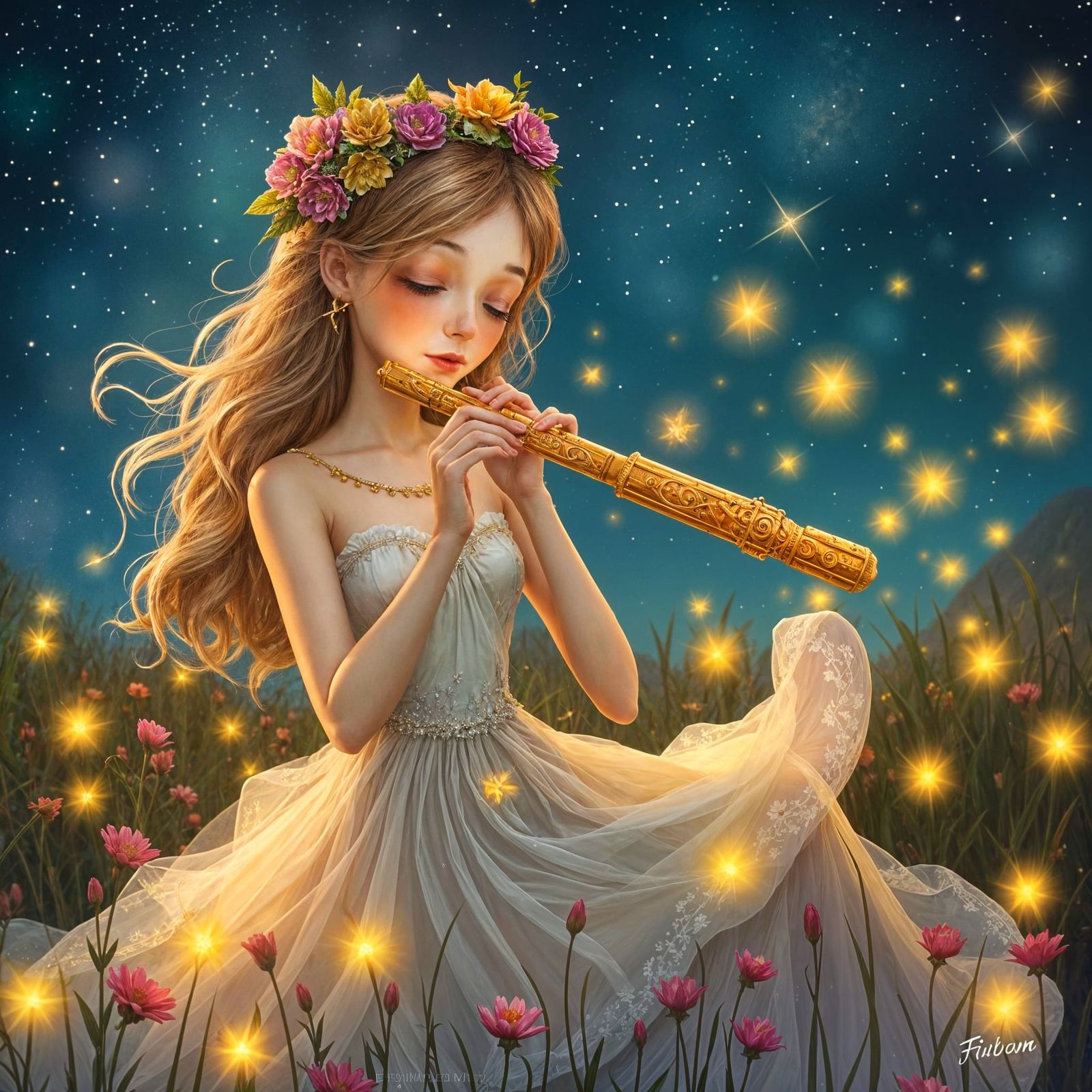 Enchanted Flute Player in Starry Meadow