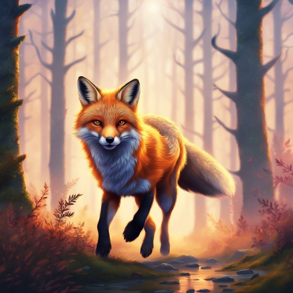 Fox Running in Misty Forest: Vibrant Digital Art