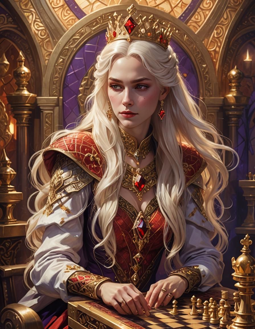 Blonde Queen Plays Chess in Art Nouveau Style