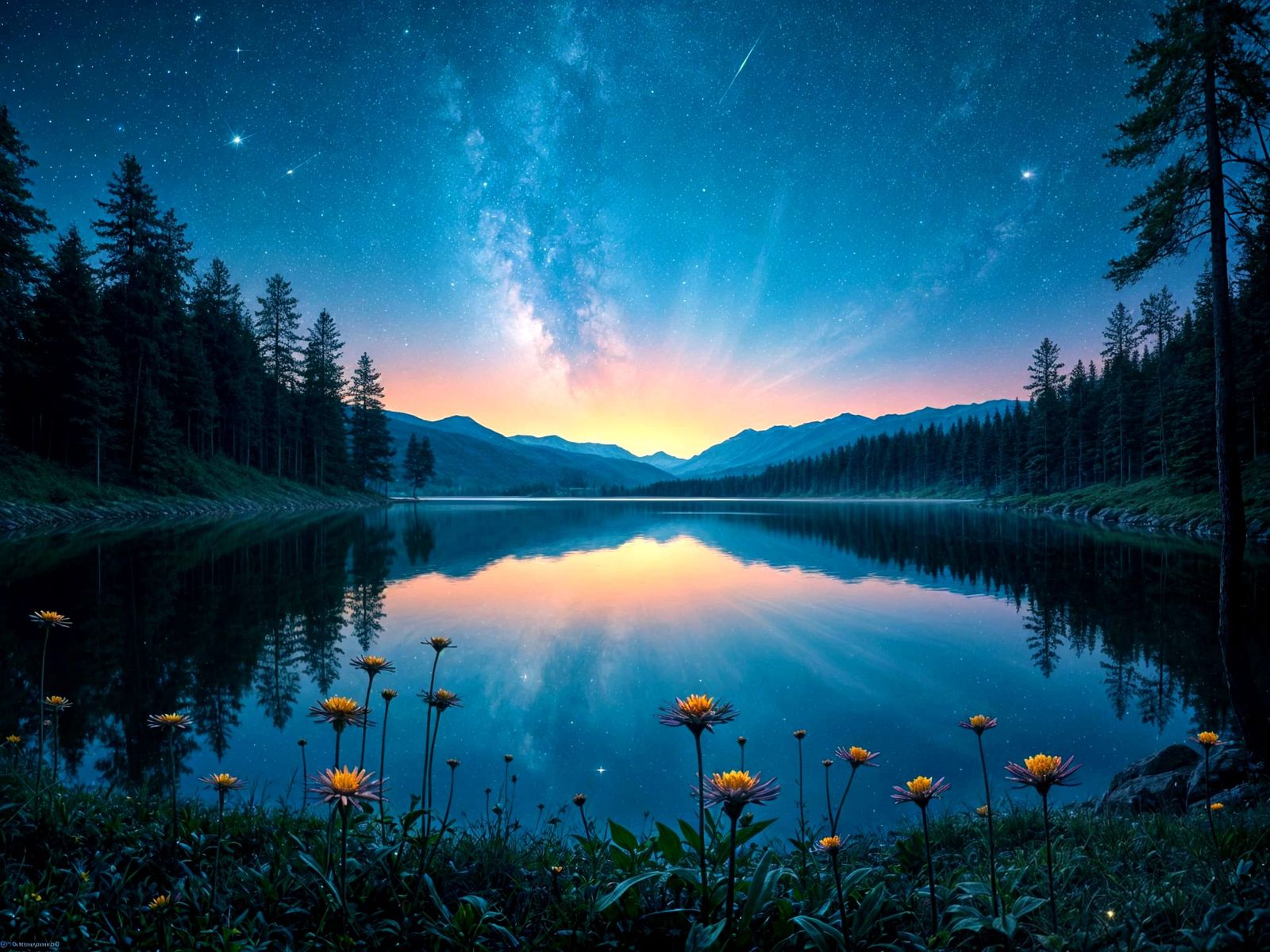 Starry Night Lake Scene with Flowers in Foreground
