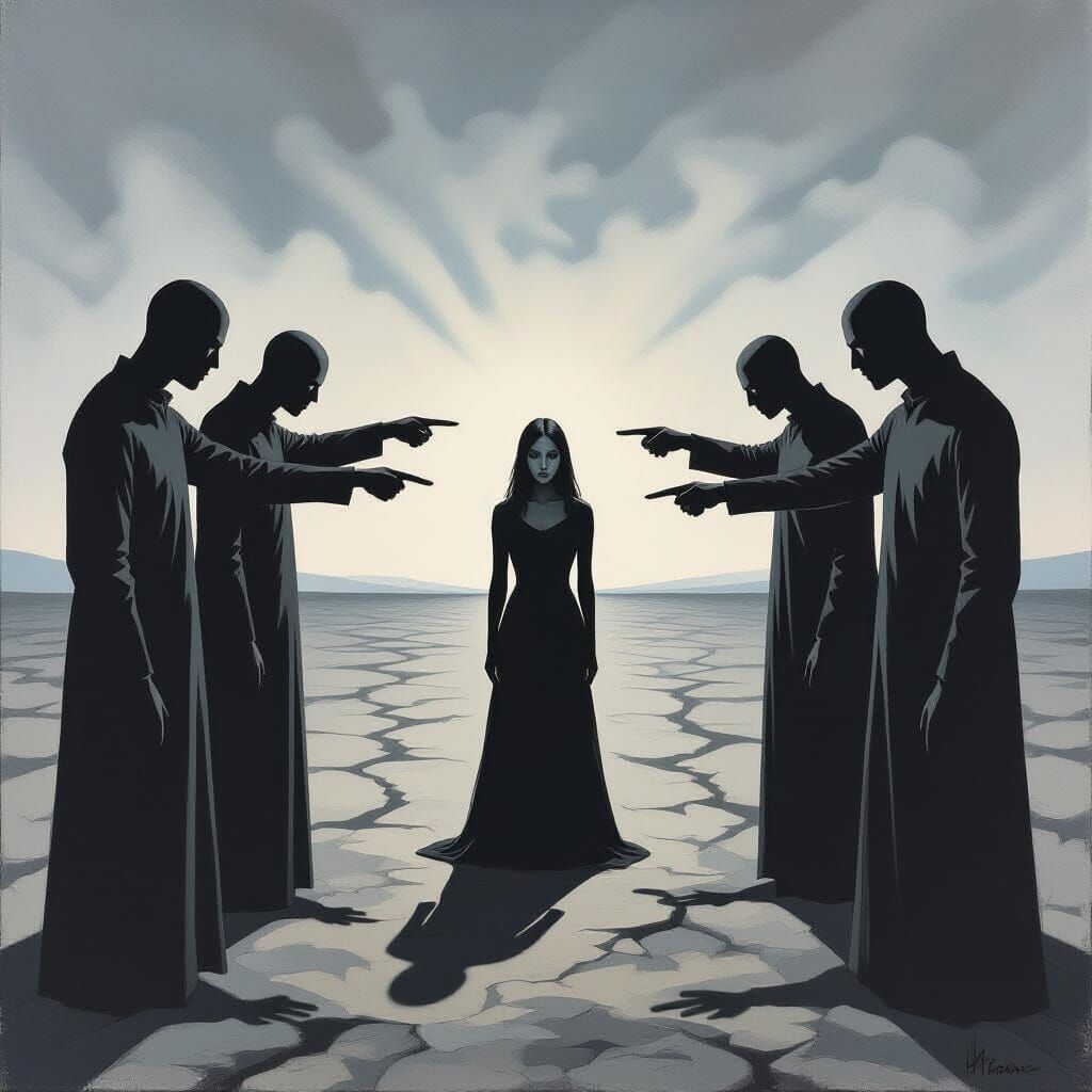 Accused Woman in Desolate Landscape, Expressionistic Paintin...