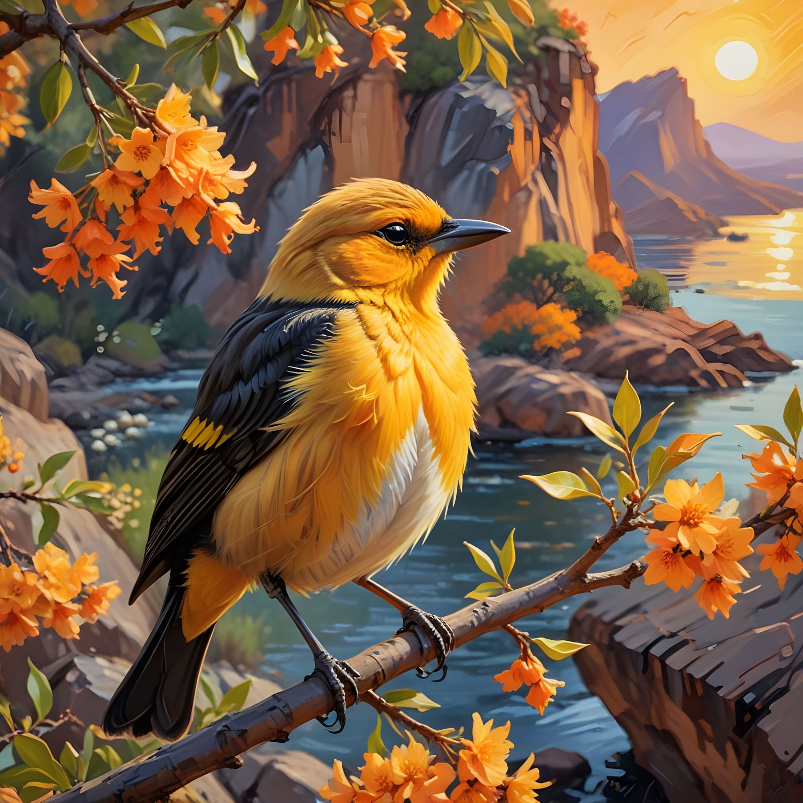 Cute Fluffy Yellow Blackbird on Blooming Tree