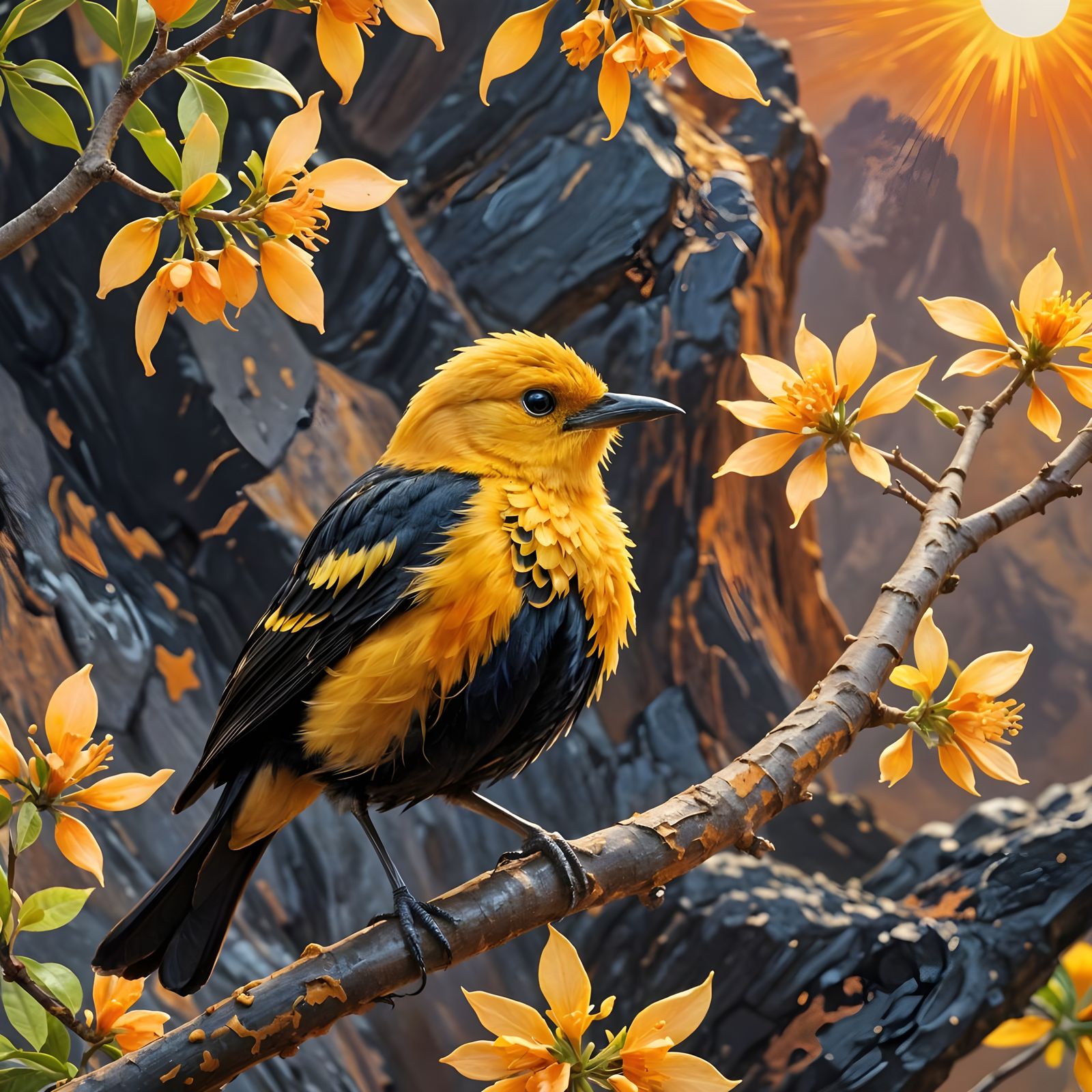 Cute Fluffy Yellowbird in Blooming Shower Tree