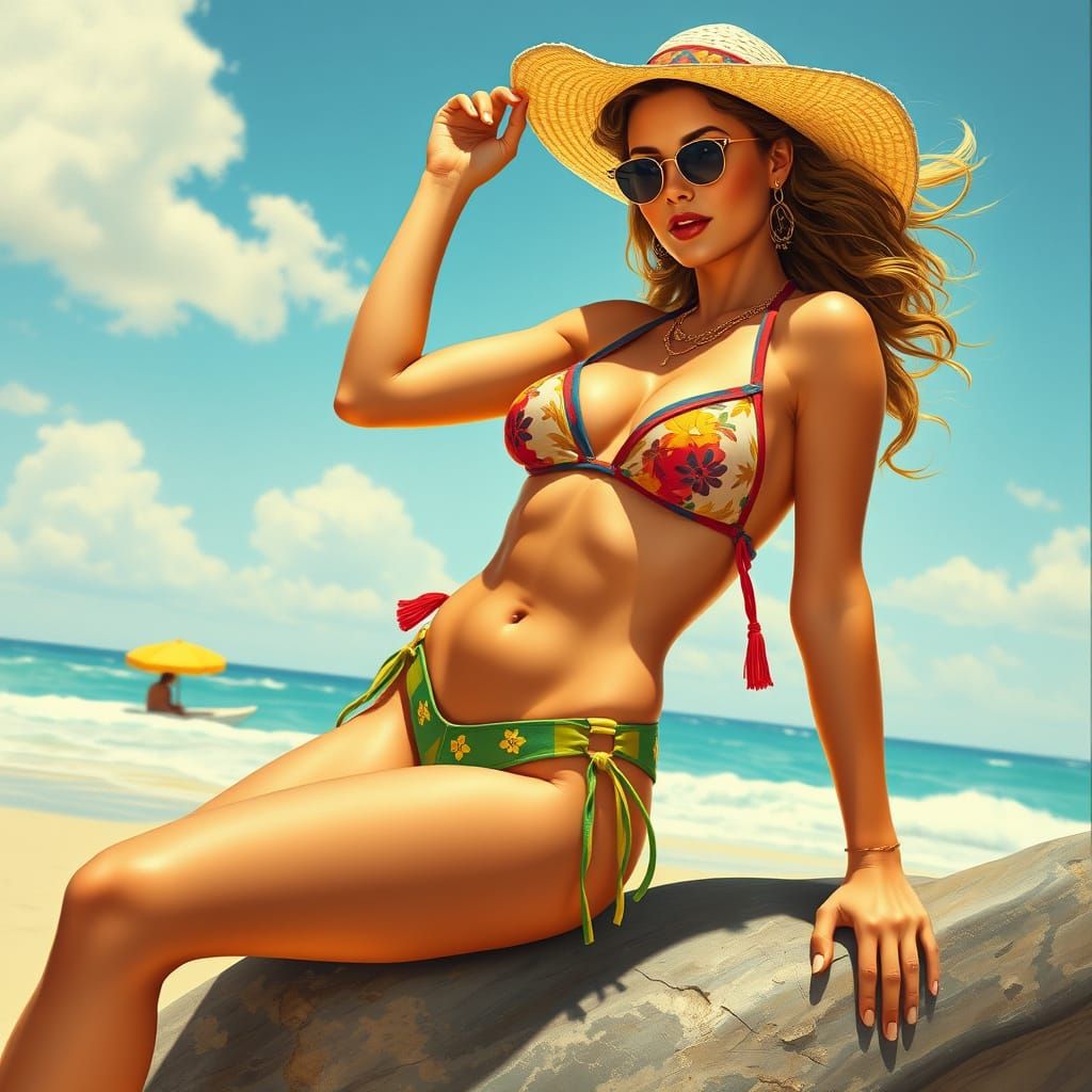 Woman in Sling Bikini on Sunny Beach: Pin-Up Art