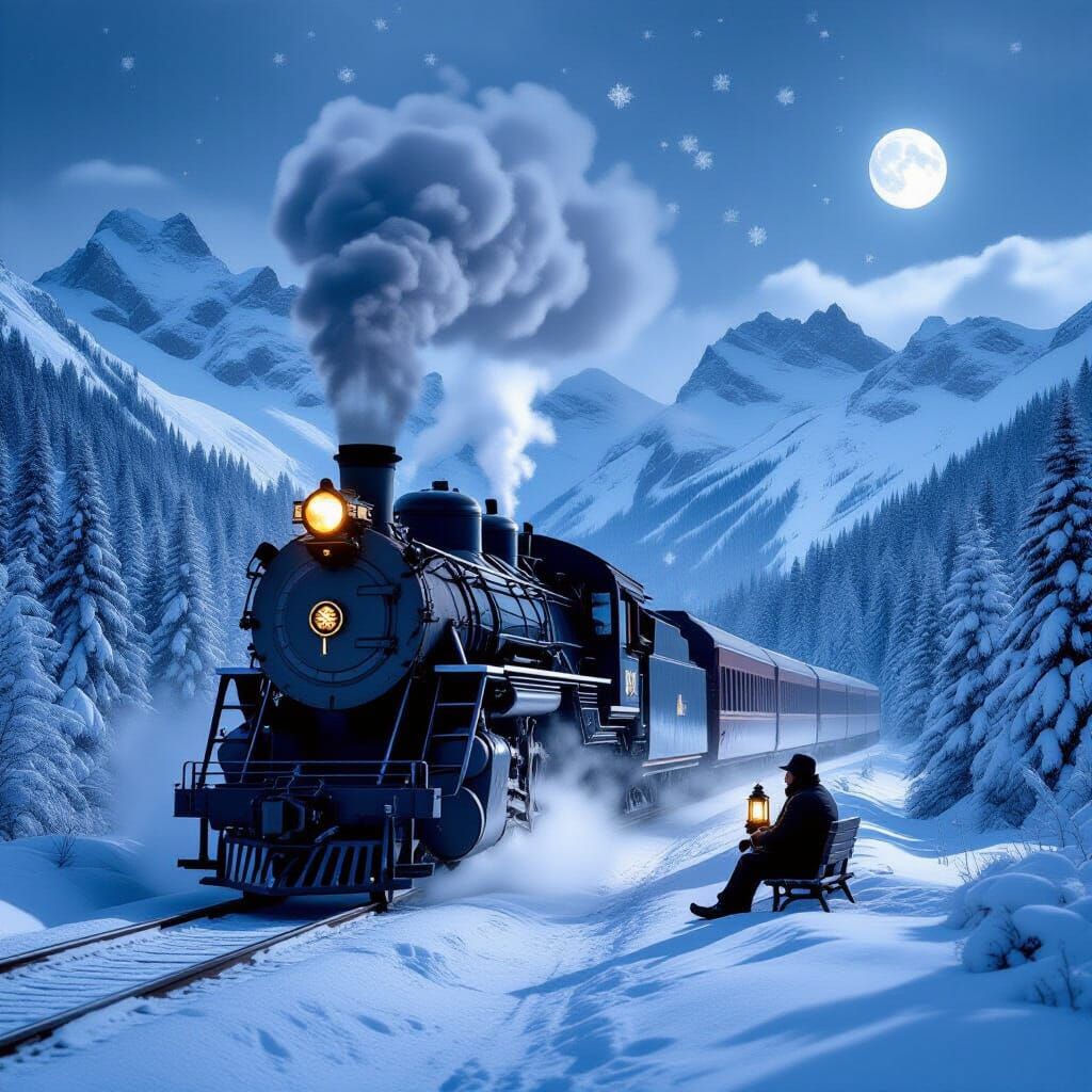 Steam Train Double Exposure in Frozen Mountain Pass