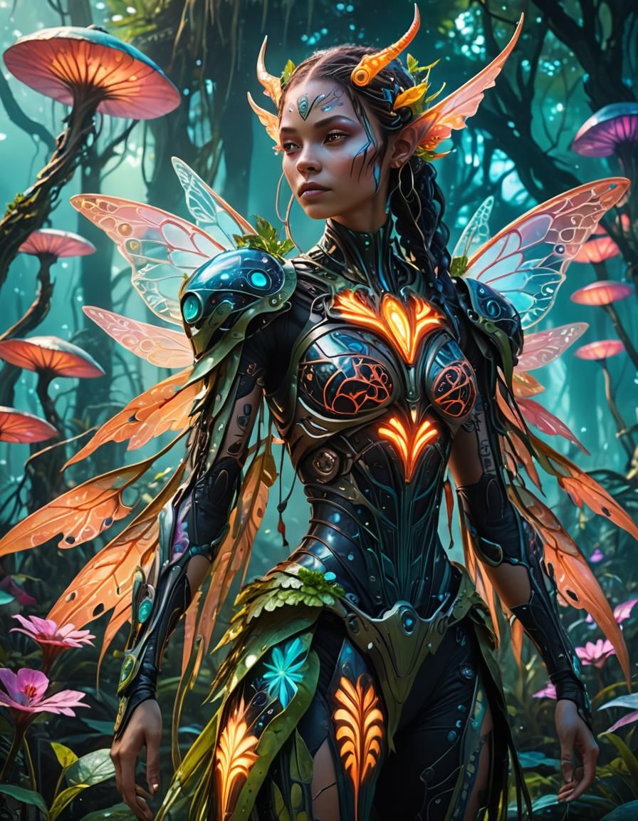 Alien Fairy in Bioluminescent Swamp: Surreal Digital Art