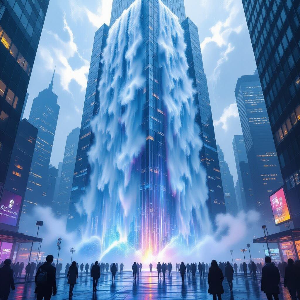 Waterfall Cascading Down Skyscraper in Hyperrealistic Style