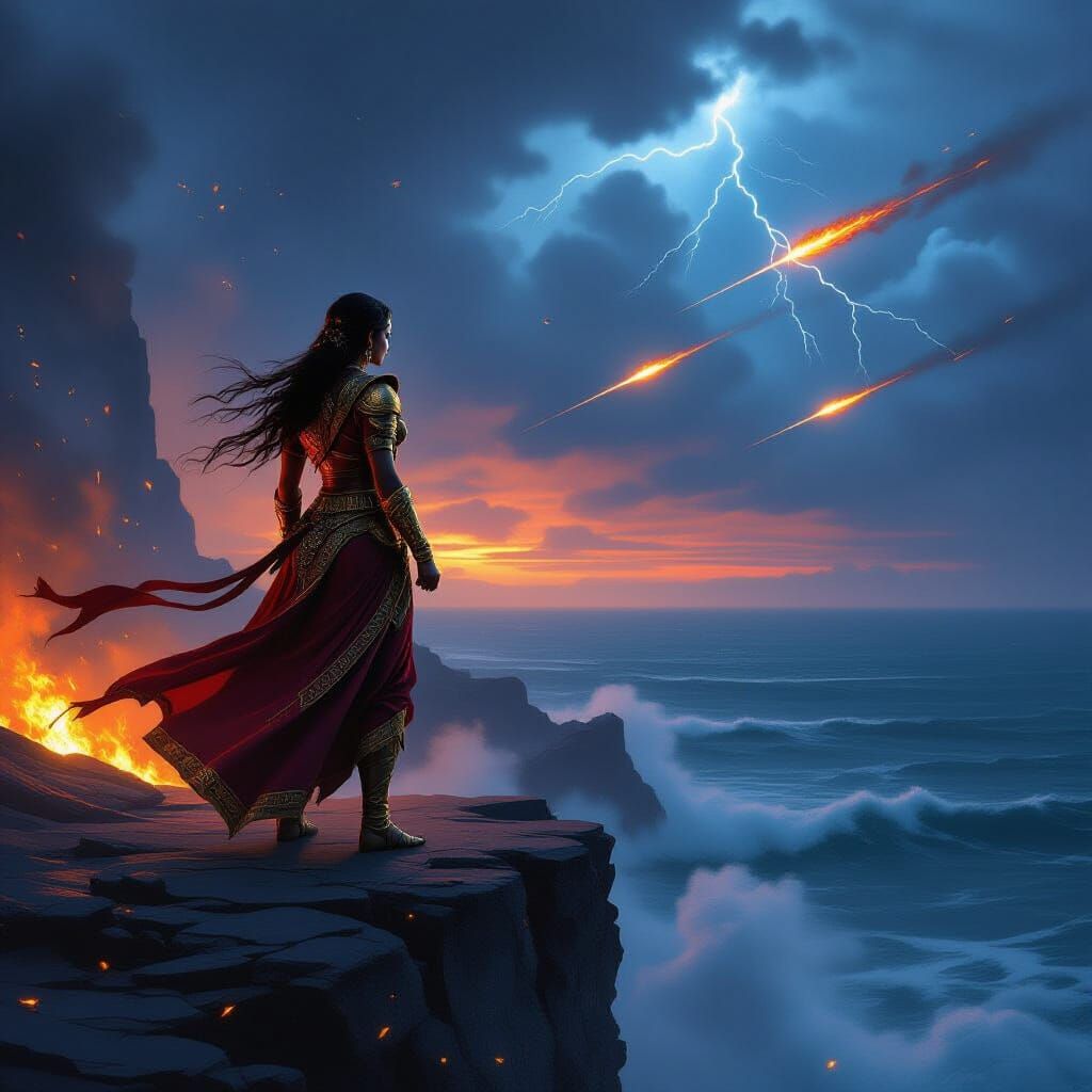 Indian Warrior Princess on Cliff Overlooking Stormy Sea