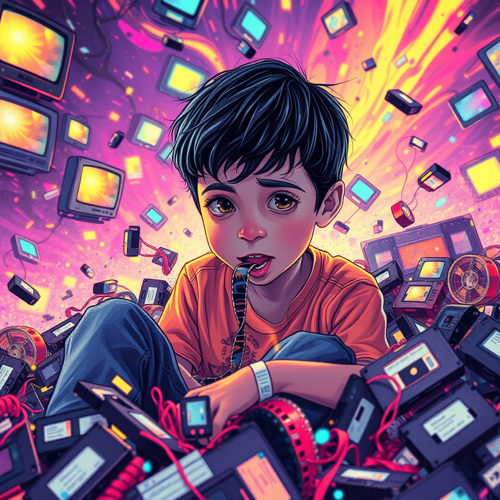 Kaleidoscopic Boy in Shattered VHS Dreamscape